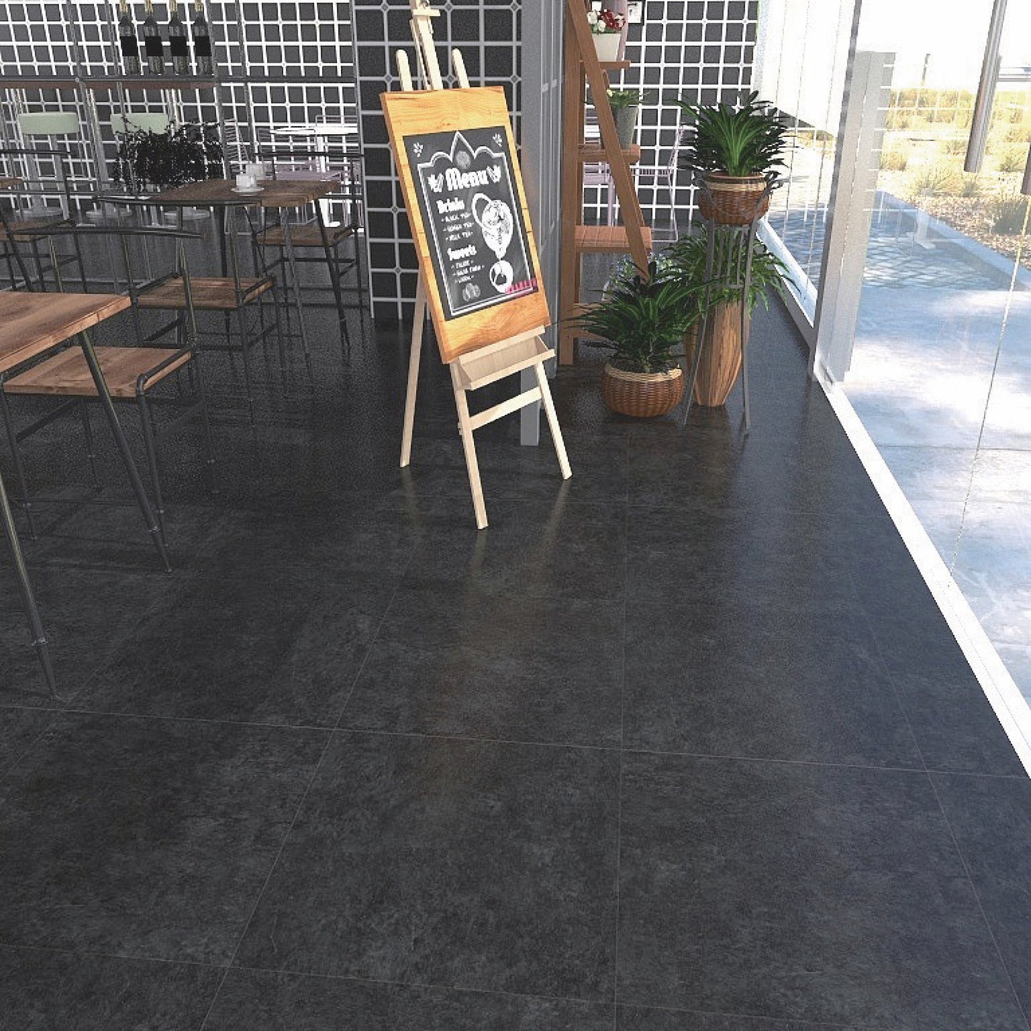 Piso LVT BRENETI Eclipse Black 60x60, acabado vinílico moderno en tono café ideal para bares, cafés y espacios creativos.
