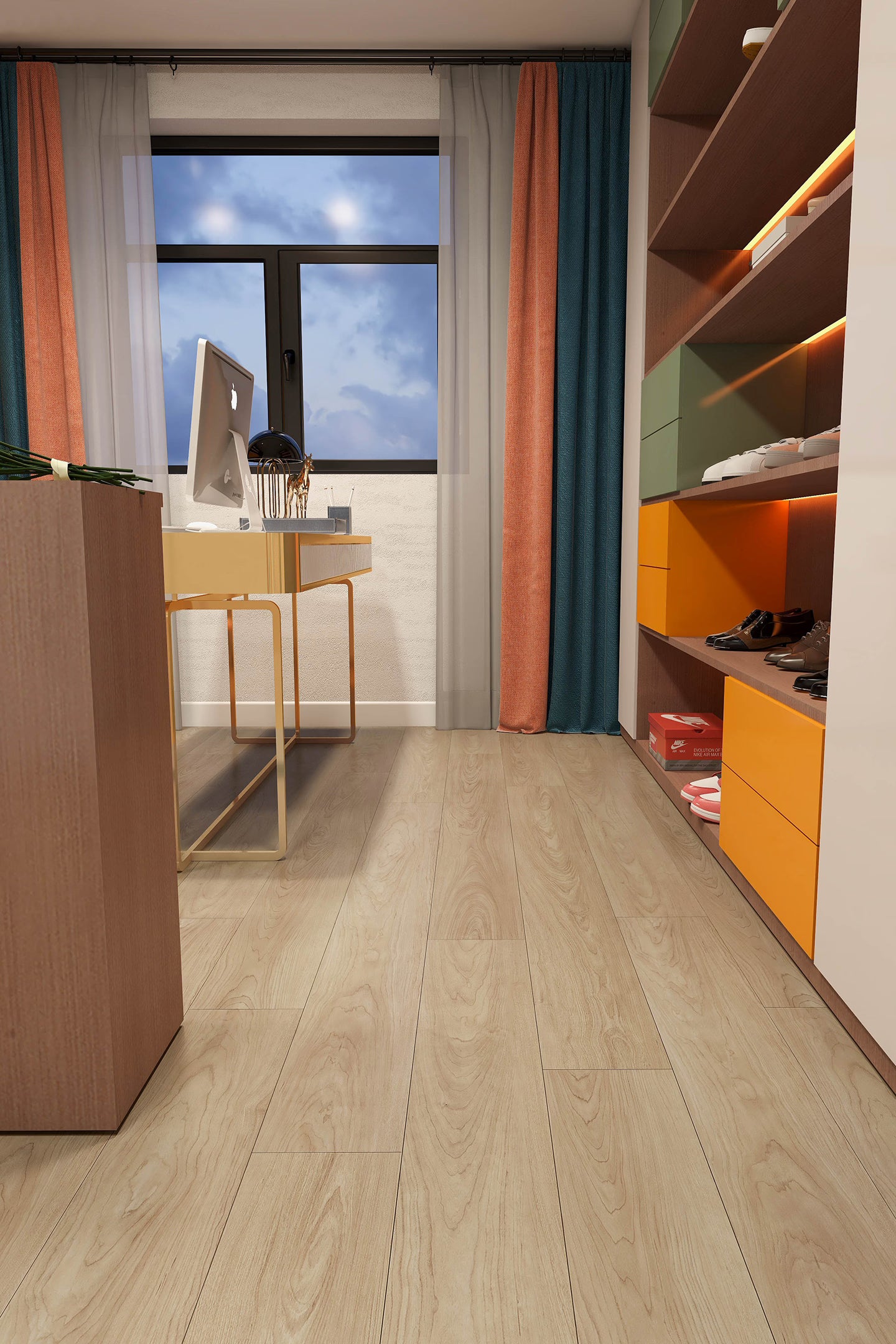 Piso SPC BRENETI Avorio en color madera beige claro, formato 23x152 cm, elegante y moderno, con mayor resistencia al agua que los laminados comunes.