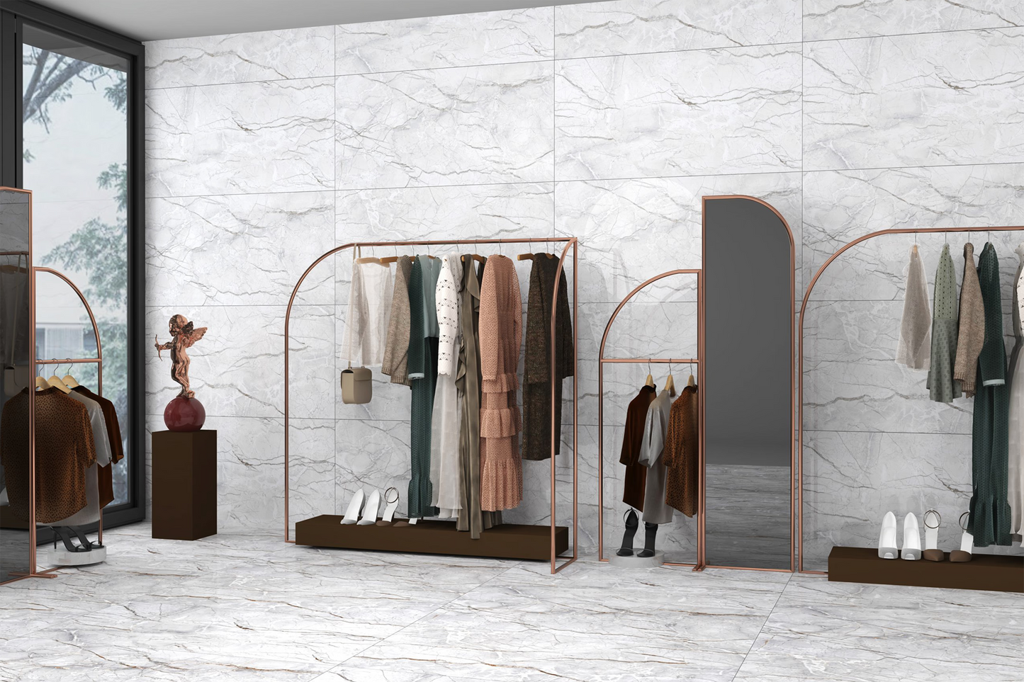Porcelanato 60x120 gris mármol brillante de BRENETI, ideal para locales comerciales modernos y elegantes