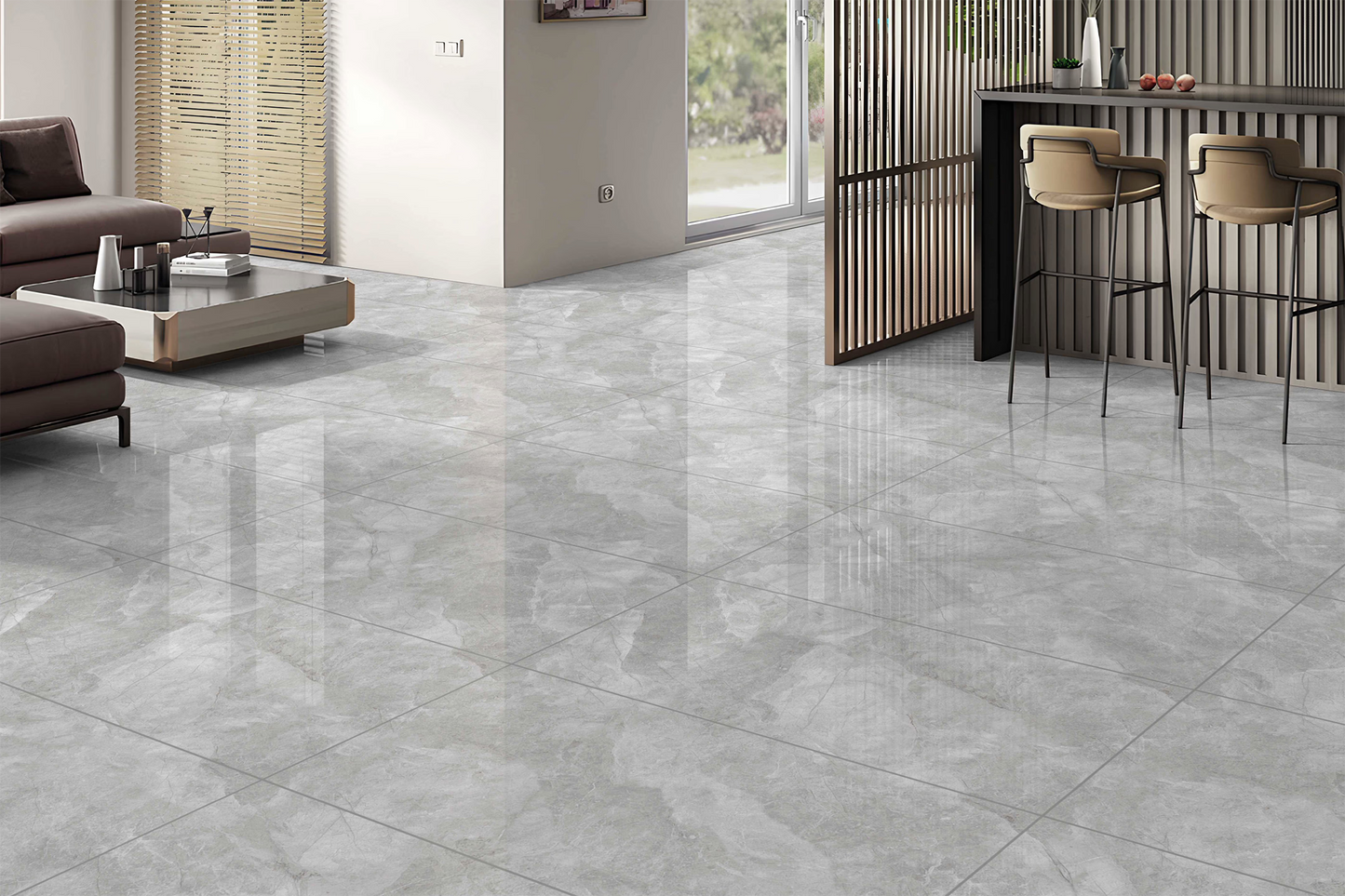 Variaciones de caras del porcelanato 60x120 BRENETI Argento Grey brillante en tonos grises modernos.