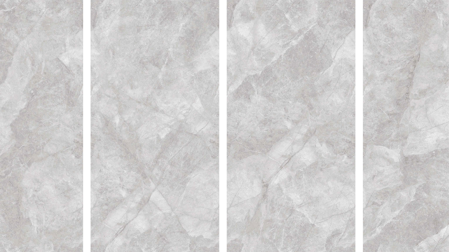Variaciones de caras del porcelanato 60x120 BRENETI Argento Grey brillante en tonos grises modernos.