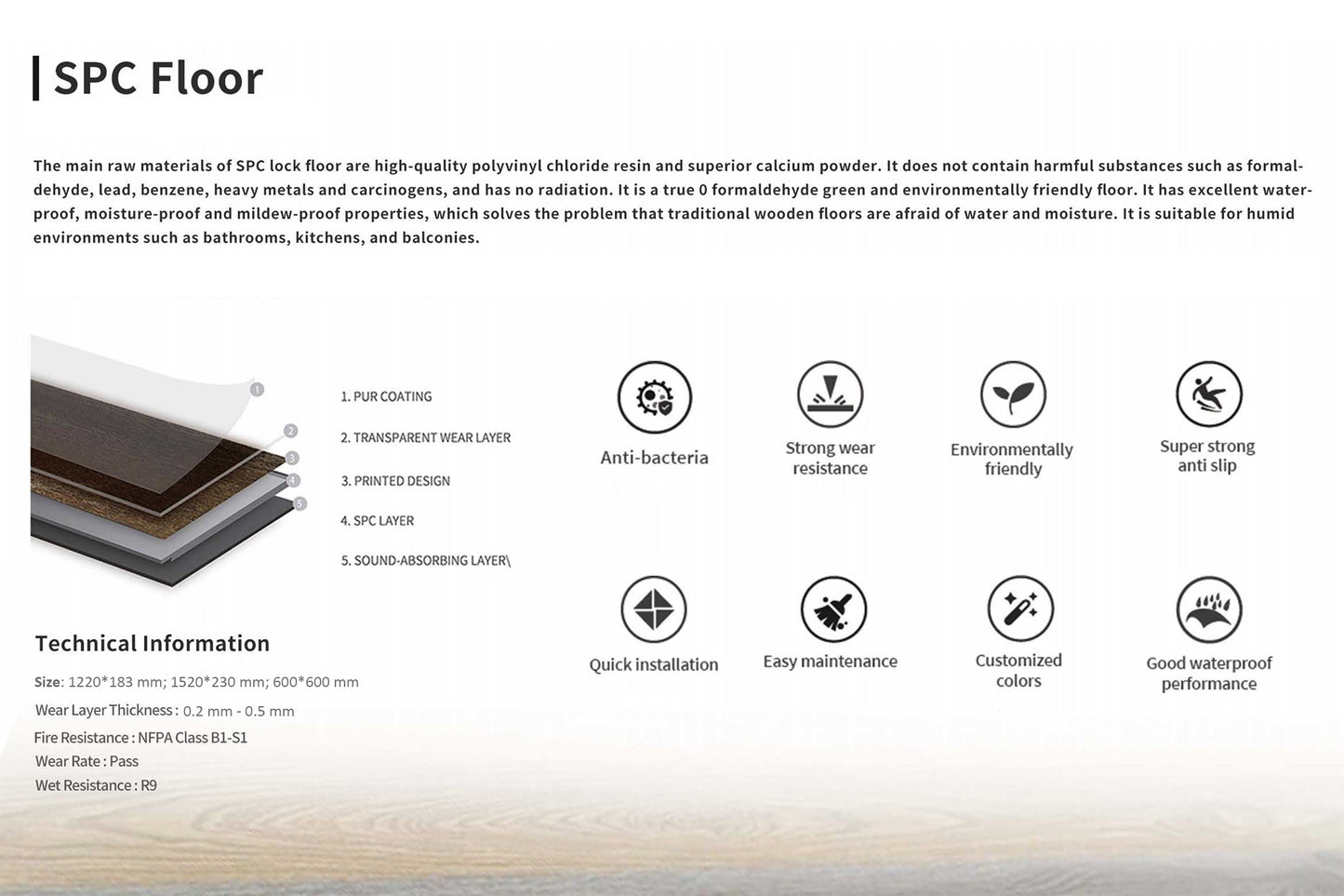 Ficha técnica general de pisos SPC BRENETI en diferentes colores, con especificaciones de resistencia, instalación y durabilidad.