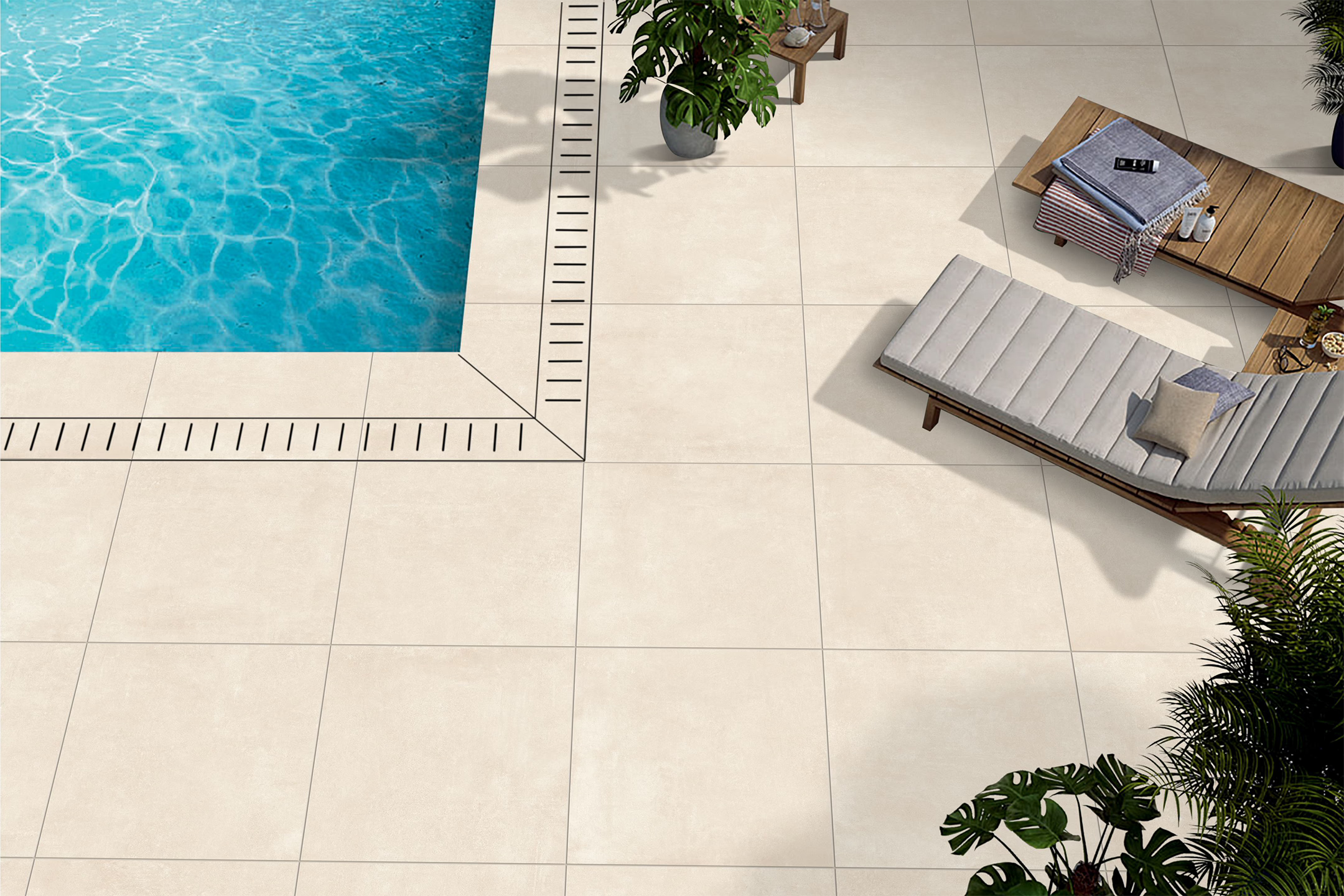 Porcelanato Arena Beige Exteriores de BRENETI, formato 60×60 cm y 20 mm de espesor, con alto índice antideslizante ideal para terrazas, piscinas y parqueaderos.