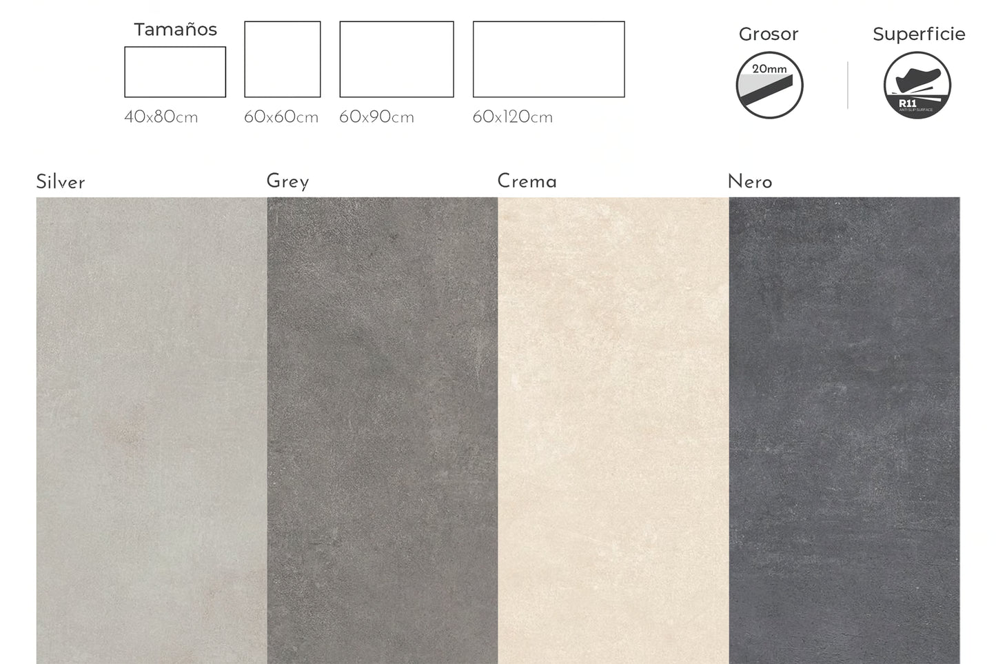 Opciones de color de la colección Arena Beige Exteriores de BRENETI, porcelanato 60×60 cm para terrazas y áreas exteriores.