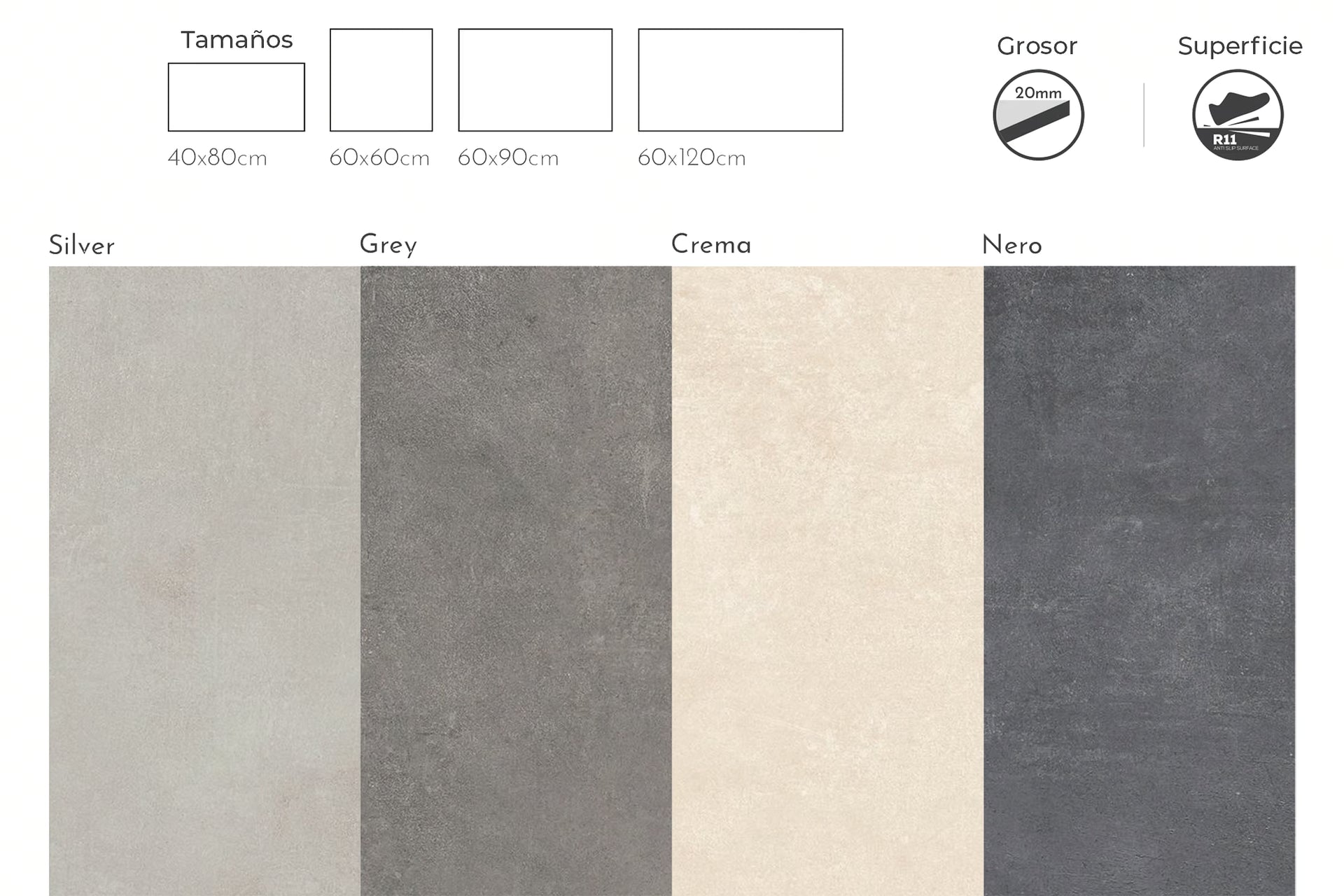 Opciones de color de la colección Arena Beige Exteriores de BRENETI, porcelanato 60×60 cm para terrazas y áreas exteriores.