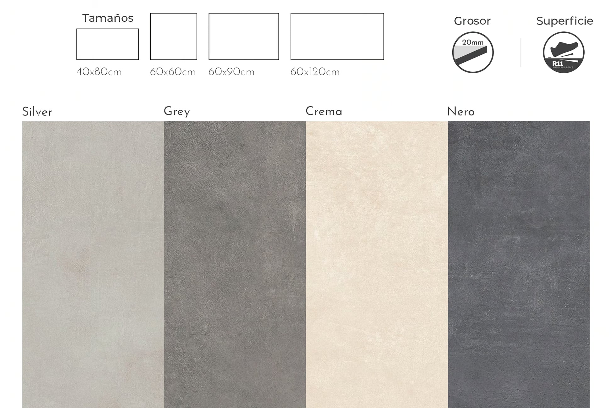 Opciones de color de la colección Arena Beige Exteriores de BRENETI, porcelanato 60×60 cm para terrazas y áreas exteriores.