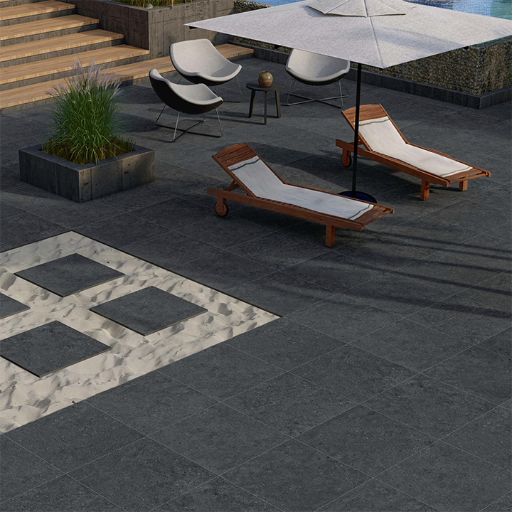 Colección Exteriores de BRENETI con porcelanato de alto grosor 20 mm, ideal para terrazas, entradas y piscinas.