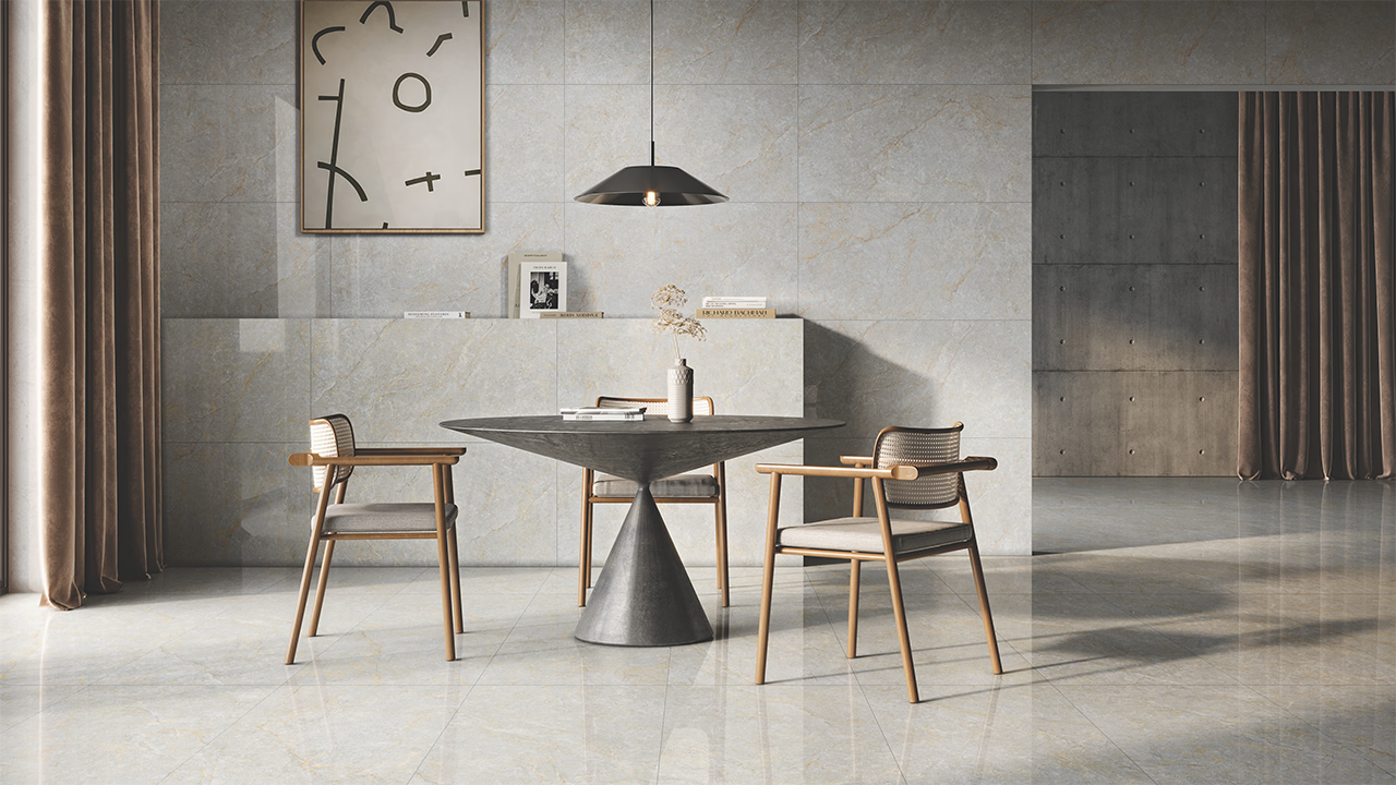 Porcelanato 60x120 gris brillante de BRENETI, elegante y moderno para salones, comedores y lobbys