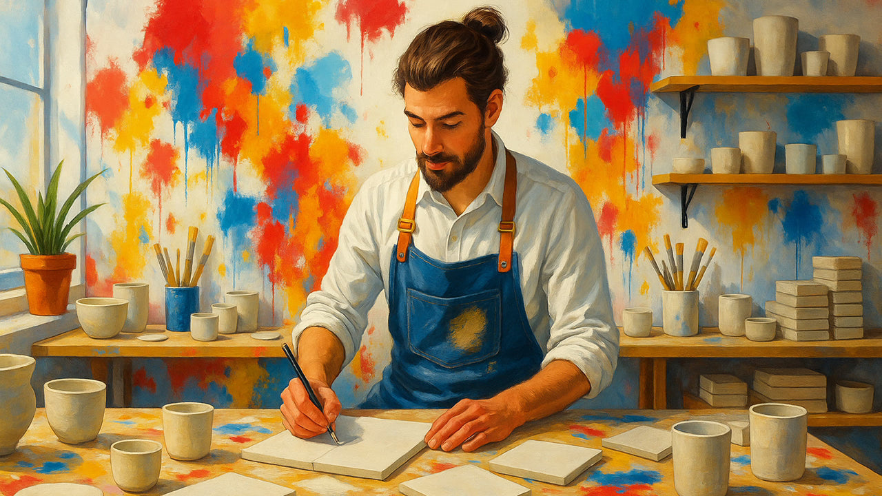 Ilustración artística de un artesano trabajando con cerámicas y porcelanatos, representando la tradición, creatividad y esencia de BRENETI en la sección Quiénes Somos.