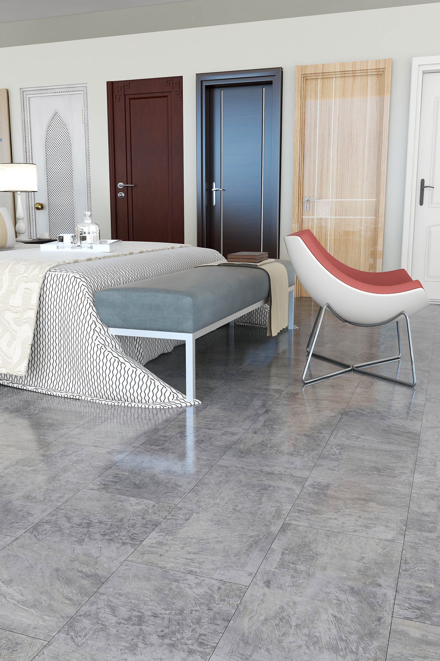 Piso LVT BRENETI en color gris concreto, estilo urbano moderno con resistencia y fácil mantenimiento.