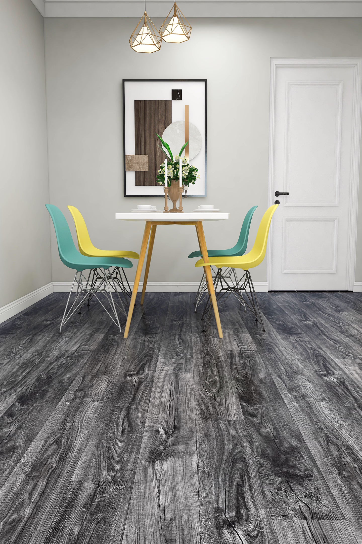 Piso SPC BRENETI en color madera natural cálido, con resistencia superior al agua frente a laminados comunes.