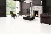 Piso porcelanato BRENETI Aurora White brillante 60x120 en color blanco luminoso, elegante y sofisticado para salas y comedores modernos.