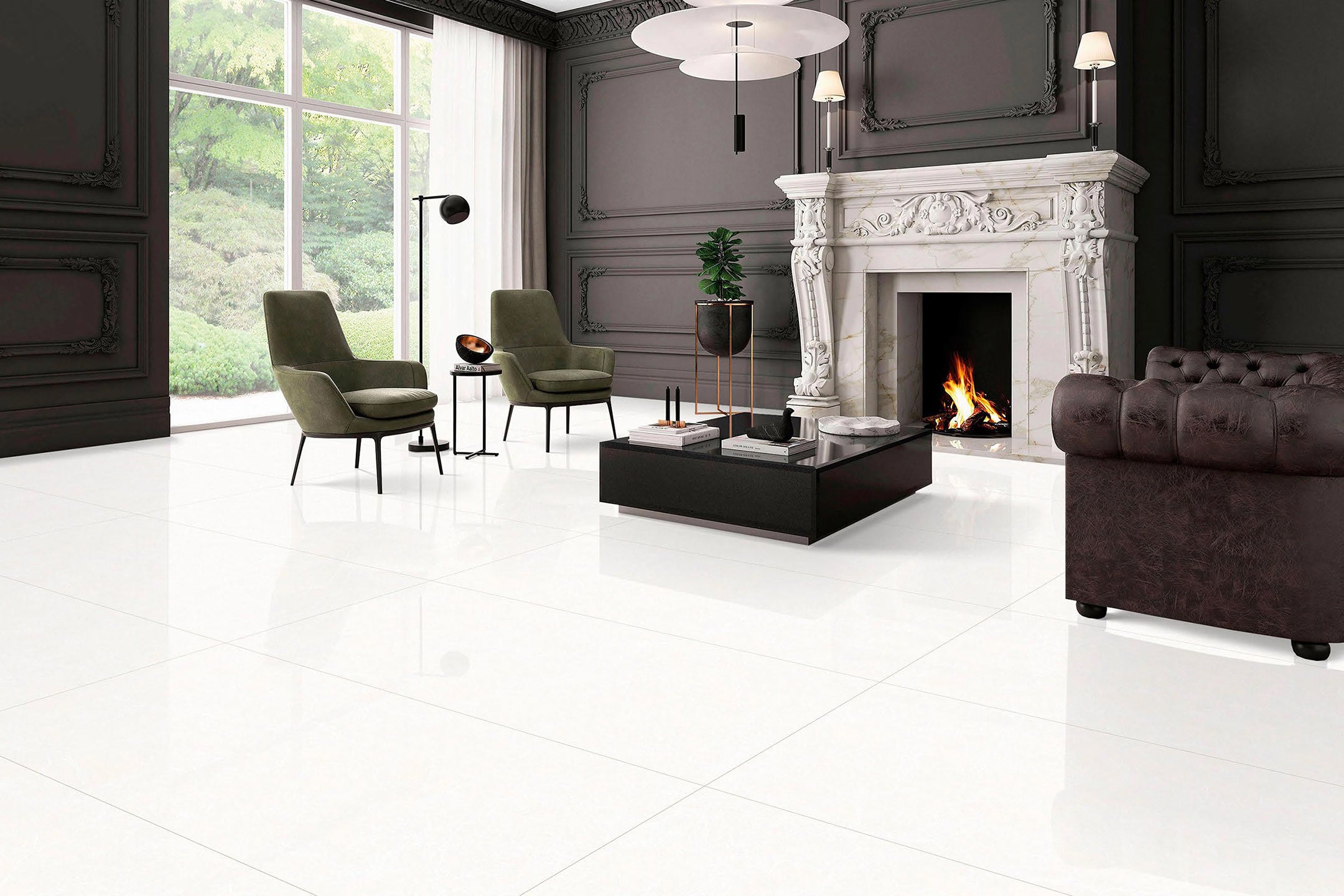 Piso porcelanato BRENETI Aurora White brillante 60x120 en color blanco luminoso, elegante y sofisticado para salas y comedores modernos.