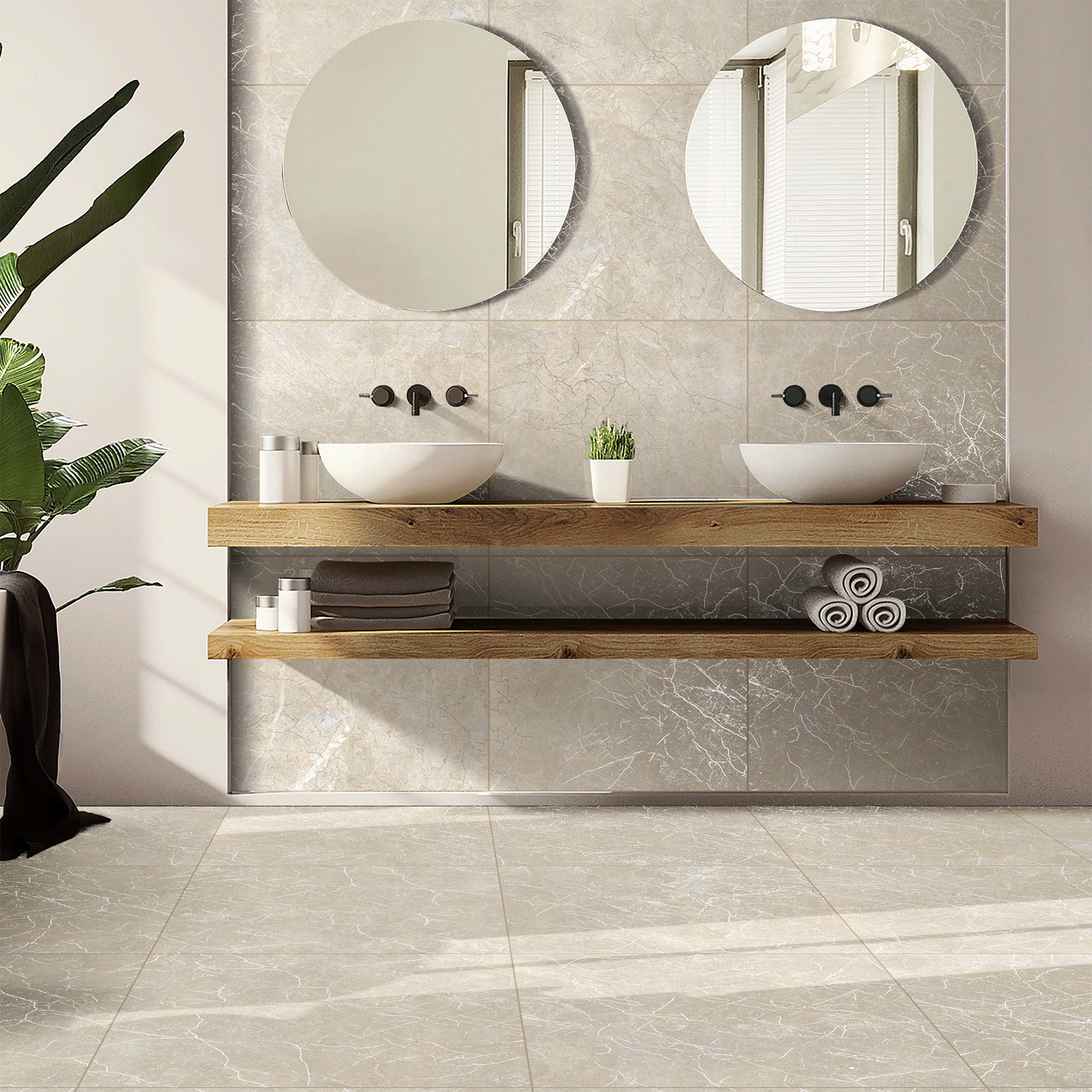 Porcelanato 60x60 BRENETI Aurum Beige mate con acabado carving, ideal para salas y espacios modernos.