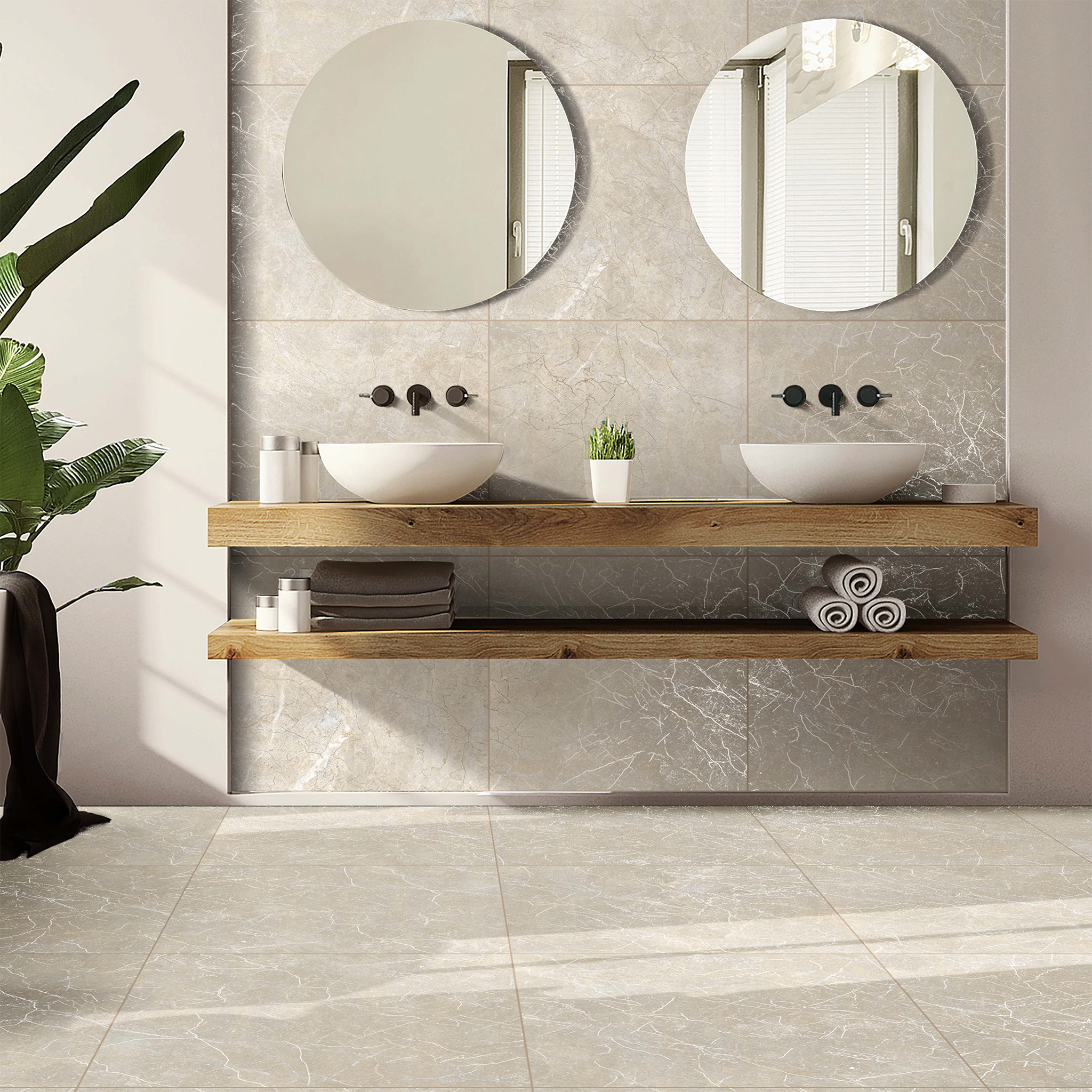 Porcelanato 60x60 BRENETI Aurum Beige mate con acabado carving, ideal para salas y espacios modernos.