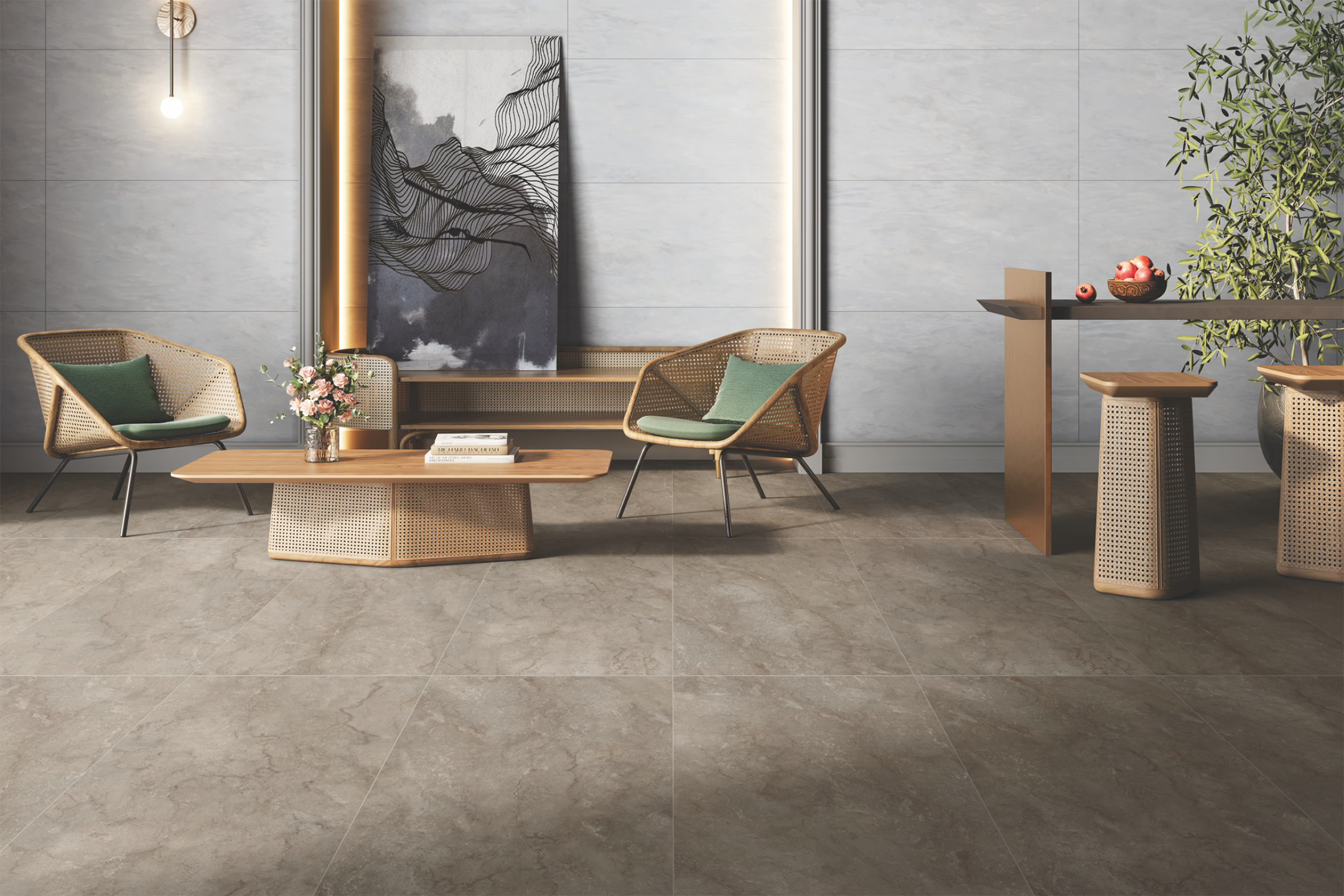 Piso porcelanato BRENETI Terra Nobile mate 60x120 en tono beige sofisticado, ideal para salas y comedores modernos.
