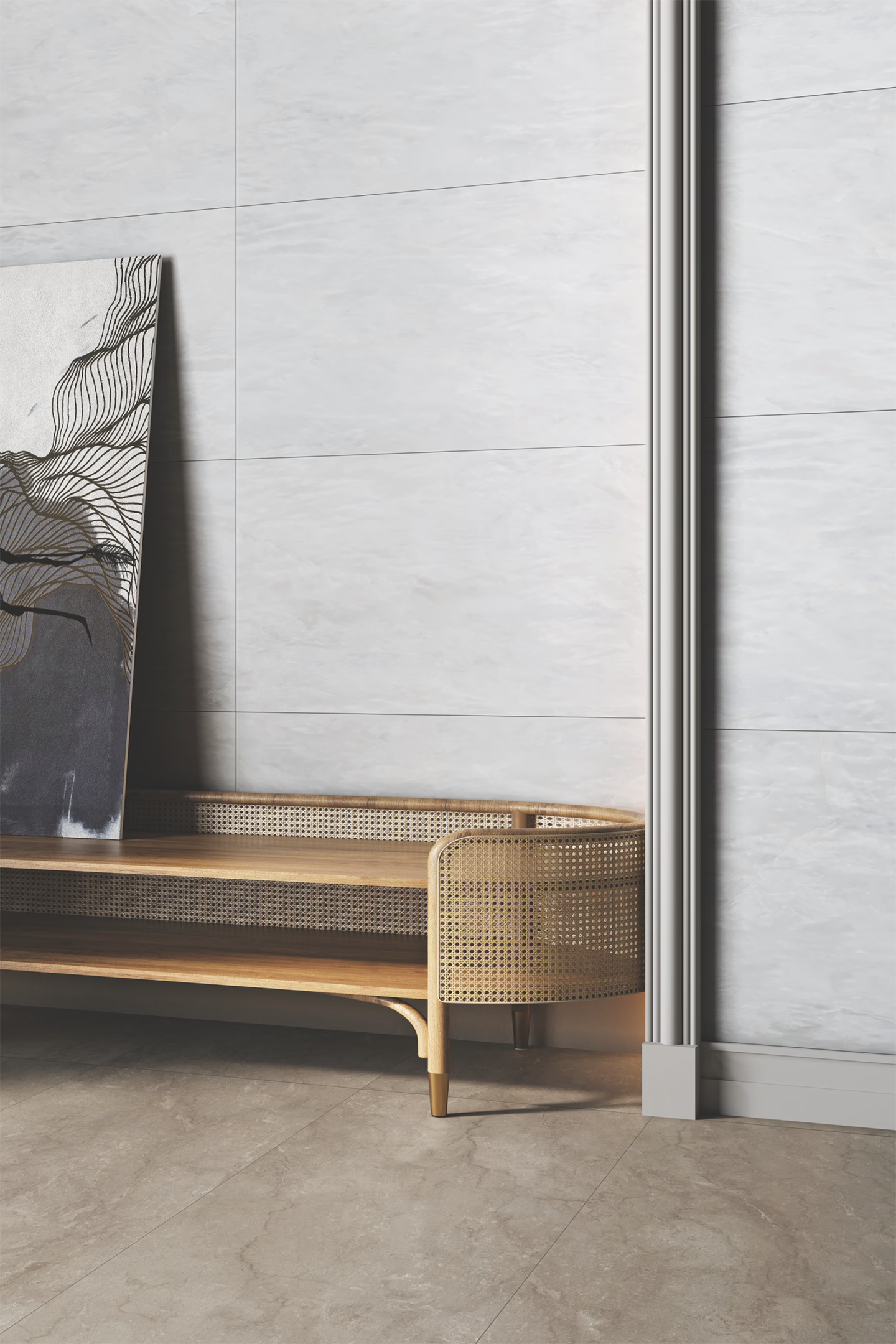 Detalle del porcelanato BRENETI Terra Nobile mate 60x120 en color beige, mostrando textura y acabado mate elegante.
